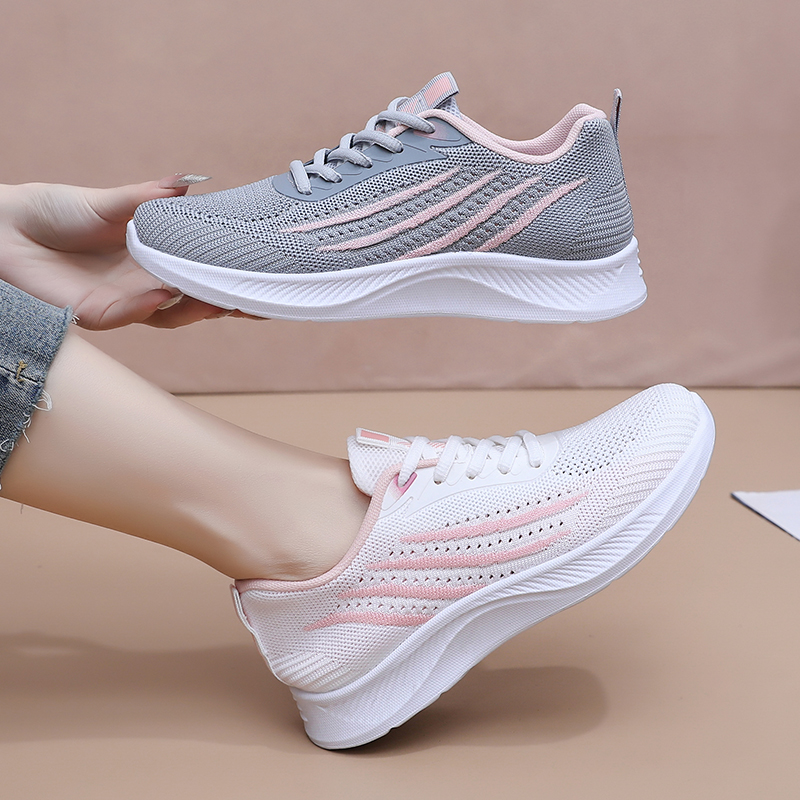 Knit Fabric Lace Up Sneakers - Women Autumn Mesh Casual Sneakers Breathable